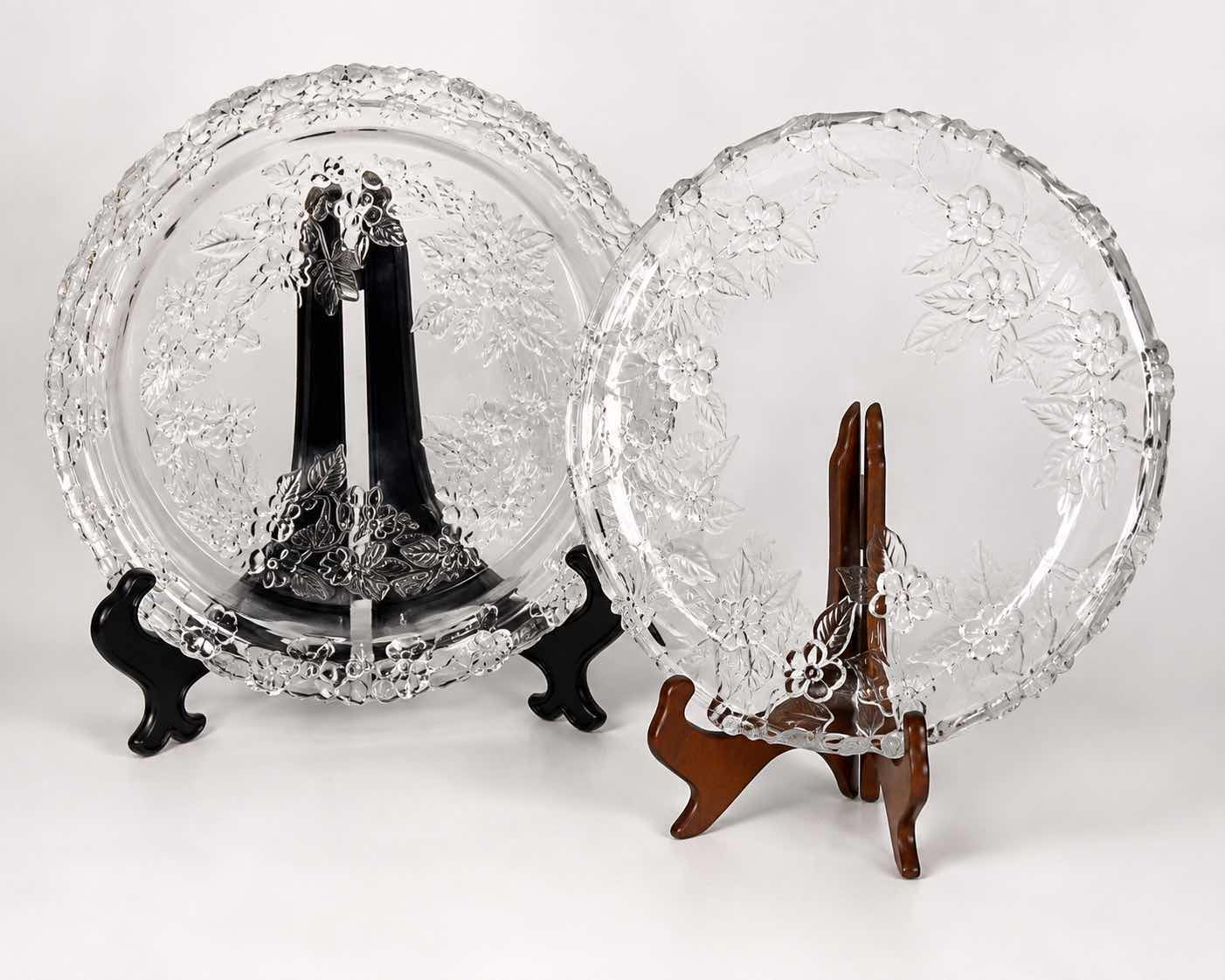 Photo 1 of PAIR OF CLEAR GLASS SERVING PLATES WITH RAISED FLORAL & LEAF DESIGN