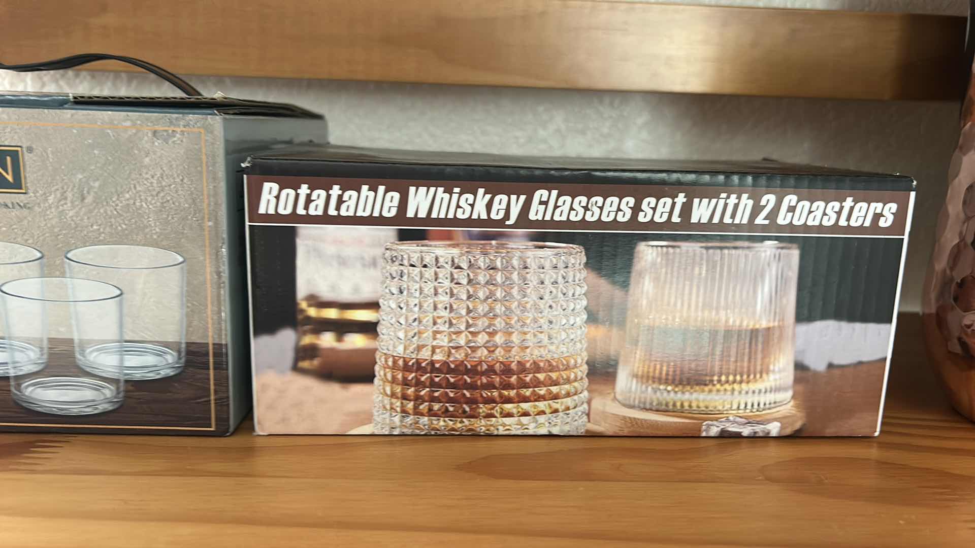 Photo 1 of ASSORTED HOME BARWARE INCLUDING MAINSTAYS WHISKEY GLASS SET, ROTATABLE WHISKEY GLASS SET WITH COASTERS, TWO COCKTAIL SHAKERS & TWO HAMMERED COPPER-TONE TUMBLERS.