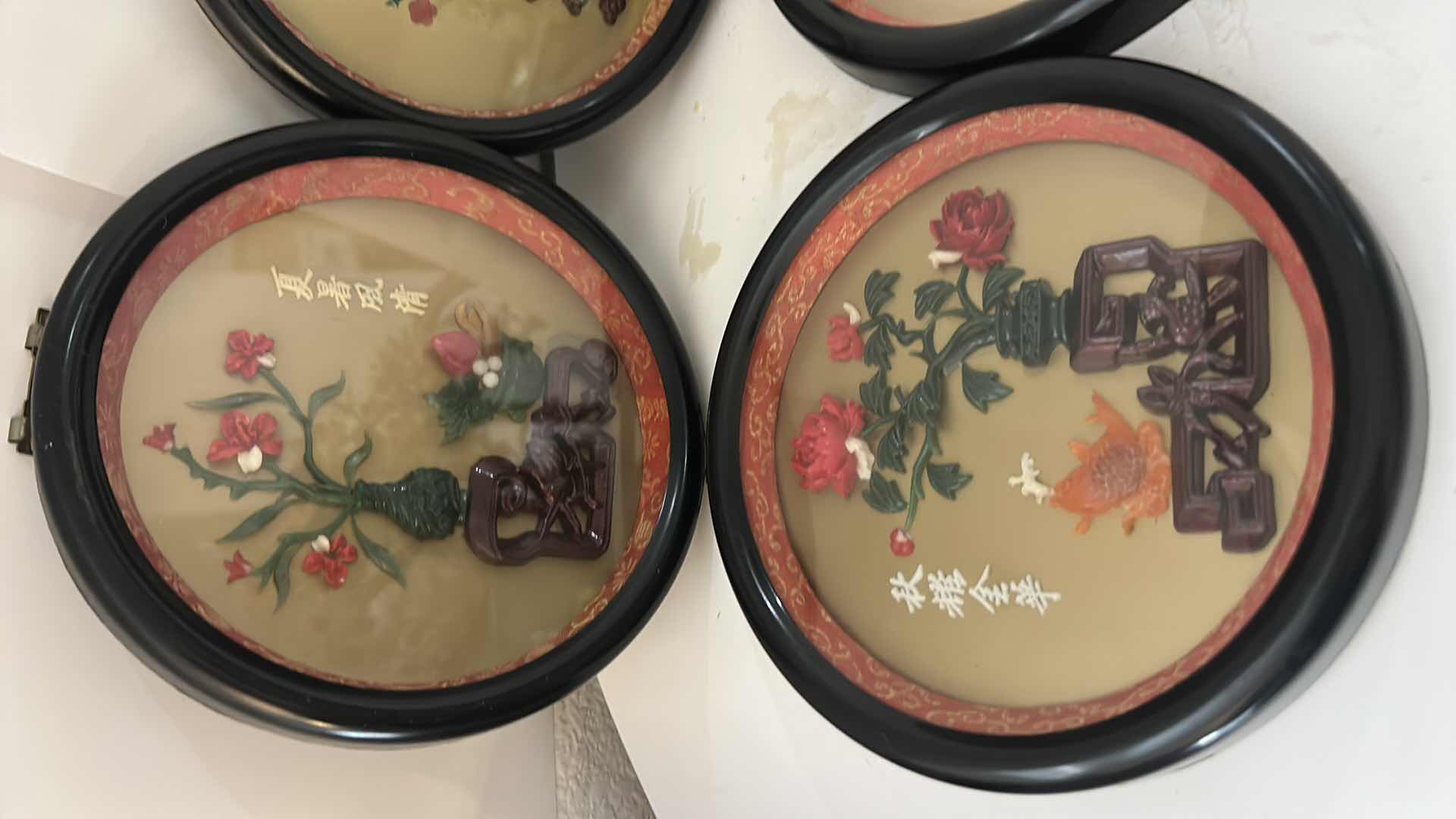 Photo 1 of SET OF FOUR VINTAGE CHINESE ROUND SHADOW BOX WALL PLAQUES, $90