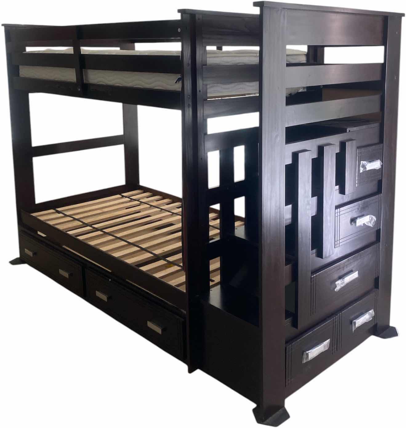 Photo 1 of ACME FURNITURE ALLENTOWN TWIN OVER TWIN BUNK BED IN ESPRESSO, FIVE DRAWER STORAGE INCLUDES ONE MATTRESS 42“ X 96“ H 68”