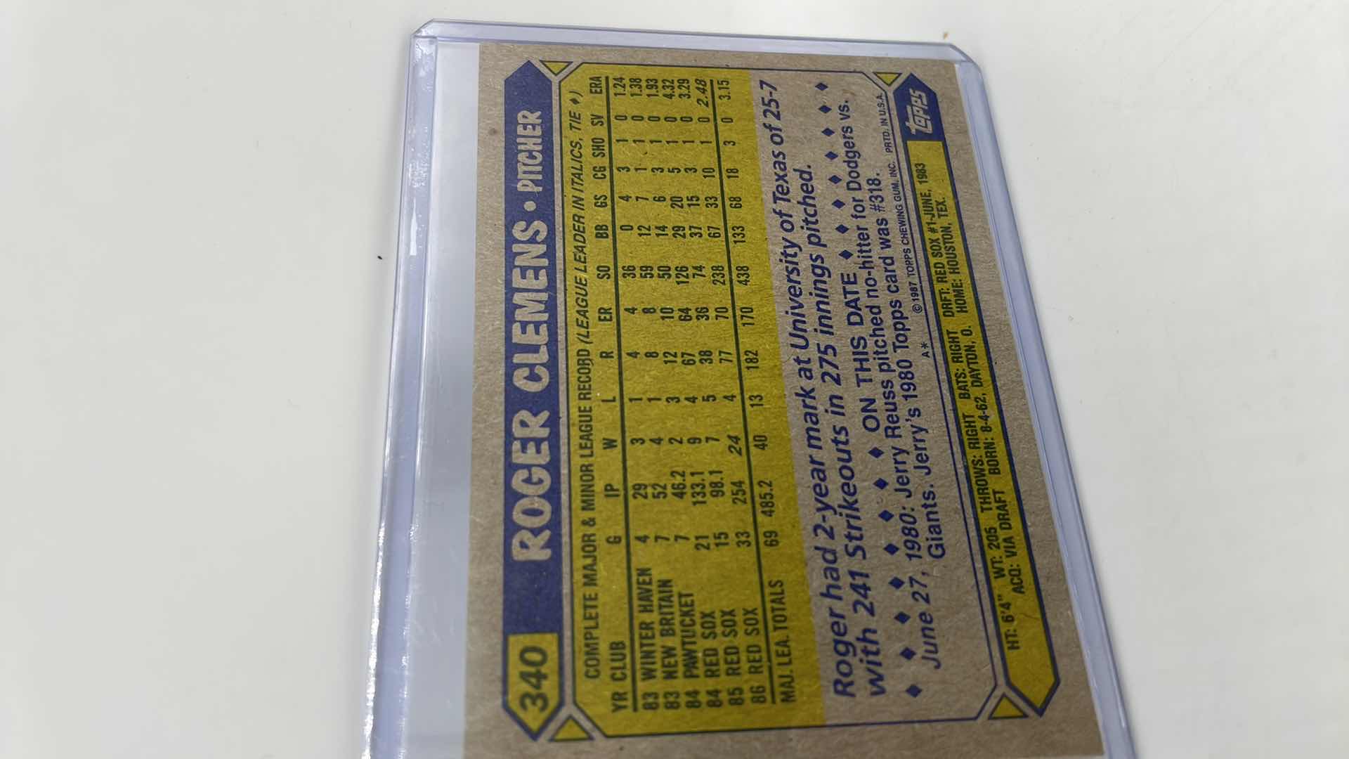 Photo 2 of 1987 ROGER CLEMENS TOPPS CARD 340