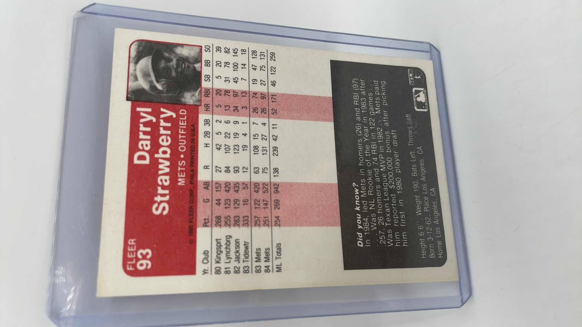 Photo 2 of 1985 DARRYL STRAWBERRY FLEER CARD 93