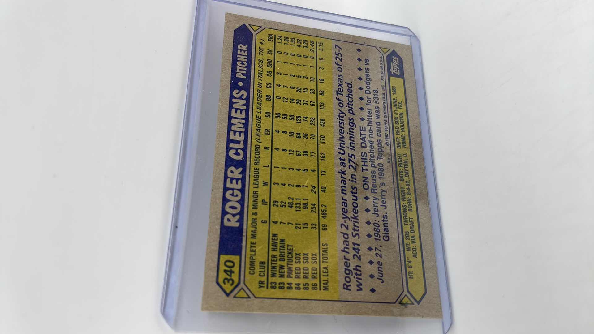 Photo 2 of 1987 ROGER CLEMENS TOPPS CARD 340