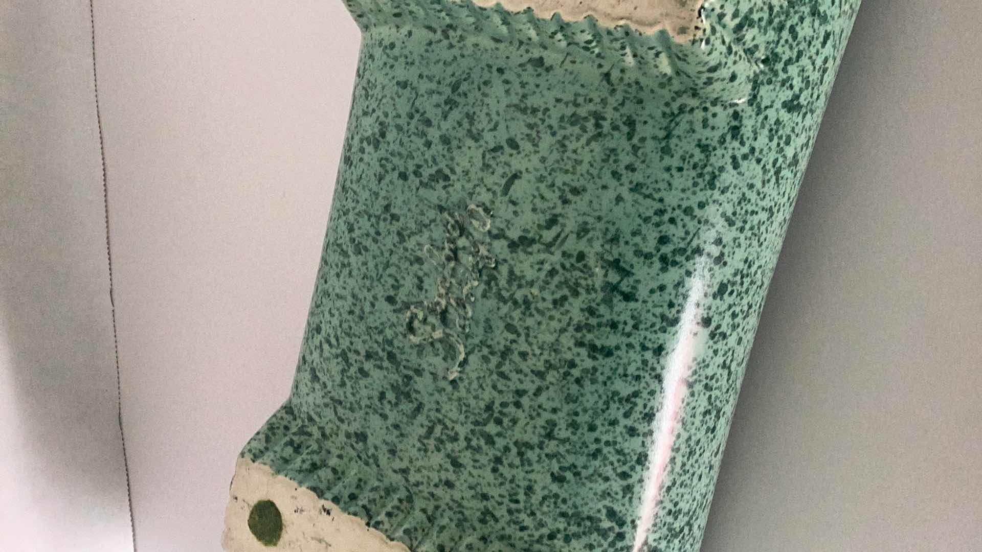 Photo 3 of GREEN STONEWARE FLORAL VASE 15” X H 3”