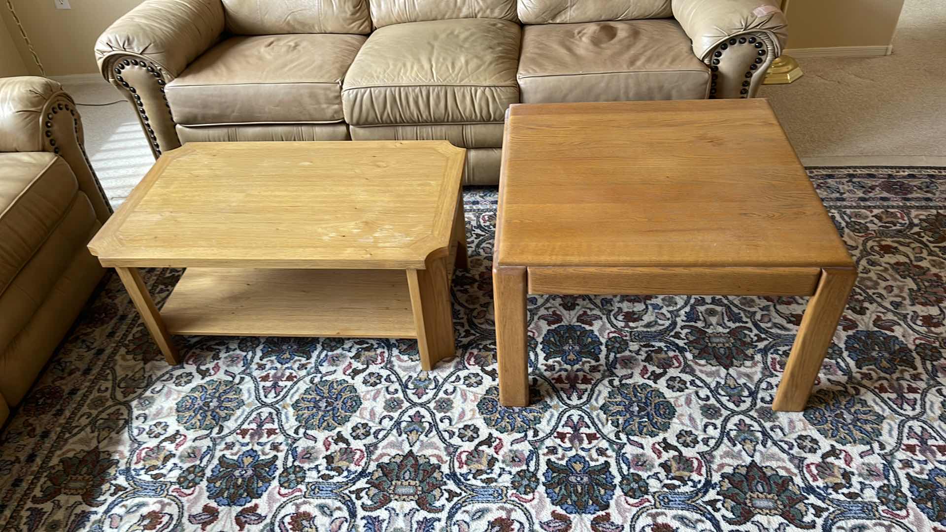 Photo 1 of 2 WOOD BASE END TABLES 29” X 29” H19” & 
36” X 18” H13”