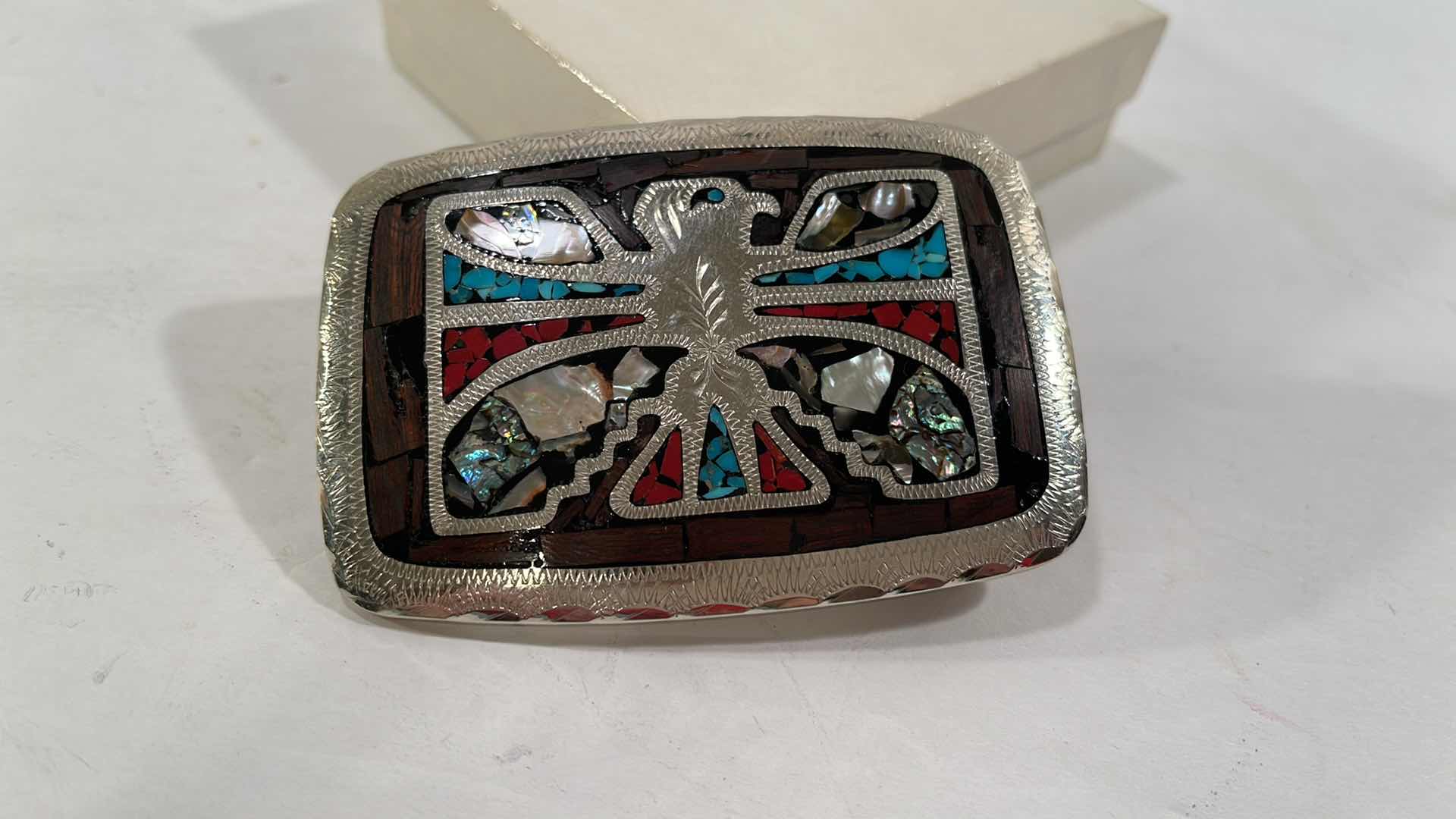 Photo 1 of NATIVE AMERICAN NAVAJO SILVER THUNDERBIRD RISING WITH TURQUOISE AND CORAL INLAY BELT BUCKLE - STAMPED SANCHEZ