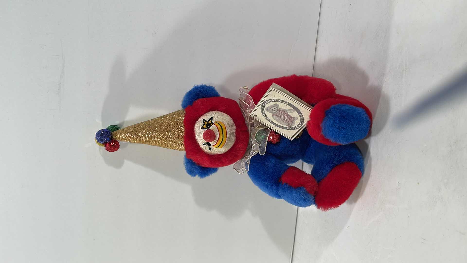 Photo 1 of Vintage Kimbearlys Originals Bear Plush Clown with Crafted Face Jojo NWTS A&A Red Blue Gold Clown hat 12"