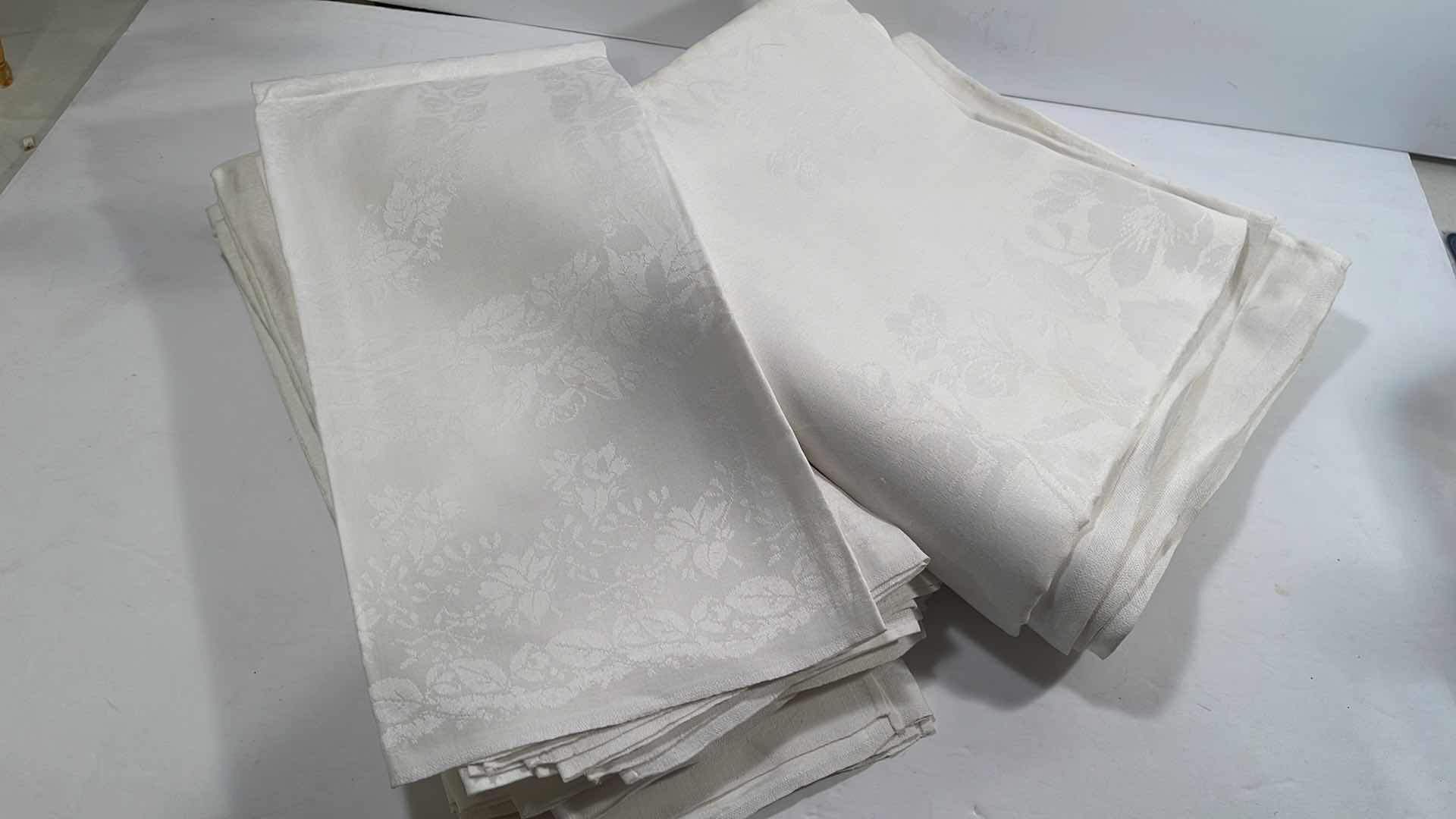 Photo 1 of IRISH LINEN HAND HEMED 12 NAPKINS TABLE CLOTH 88”x 88” 
SOME SMALL STAINS UNSURE OF REMOVAL