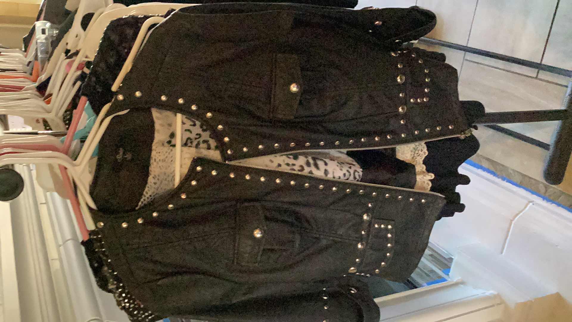 Photo 1 of SUPER CHIC STUDDED & LINED HIPSTER JACKET SIZE L & ASSORTED LADIES FASHION TOPS — 10 ITEMS IN TOTAL