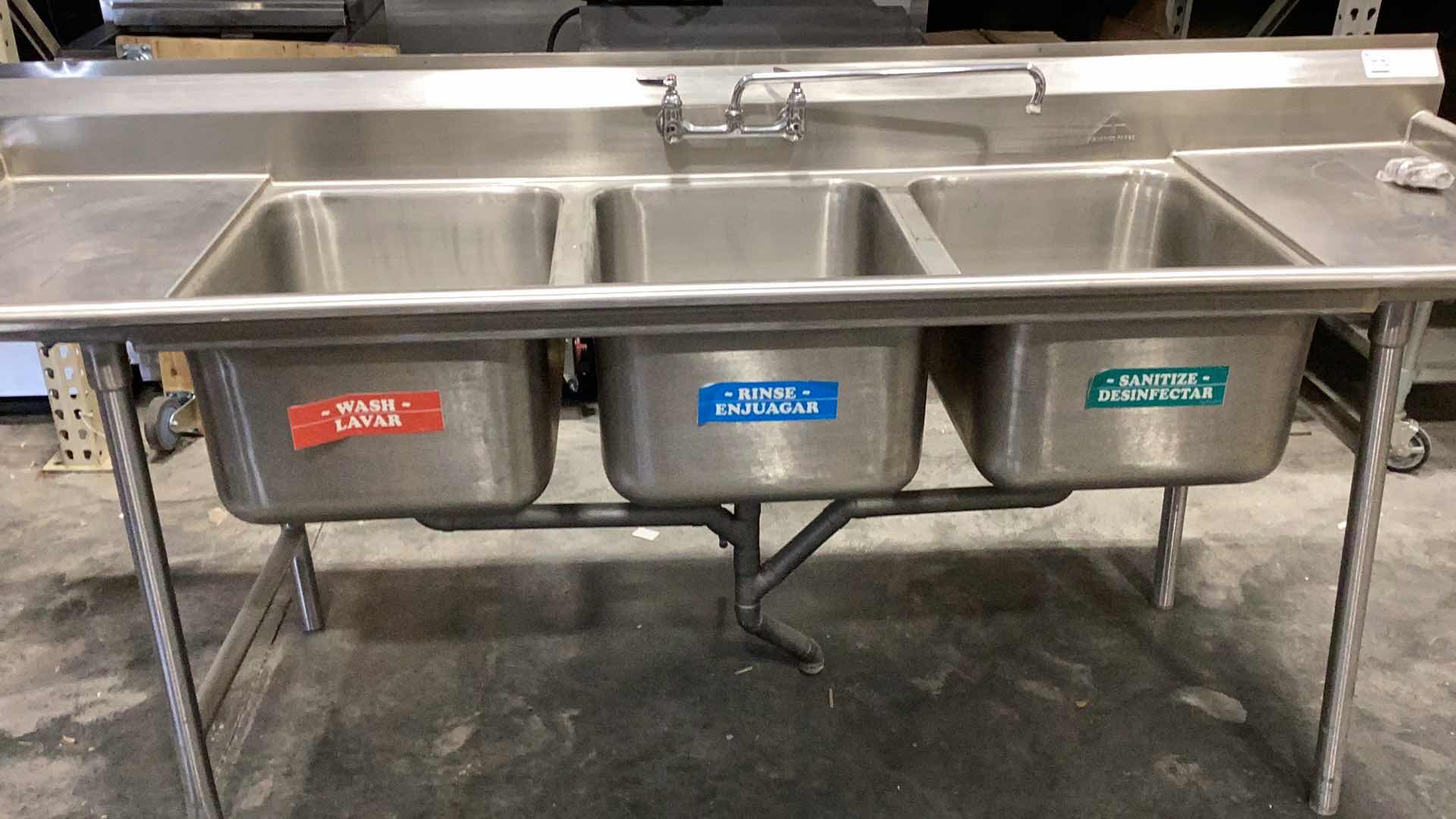 Photo 3 of STAINLESS STEEL LARGE THREE SINK WASHING STATION 96" X 32" H 42” 