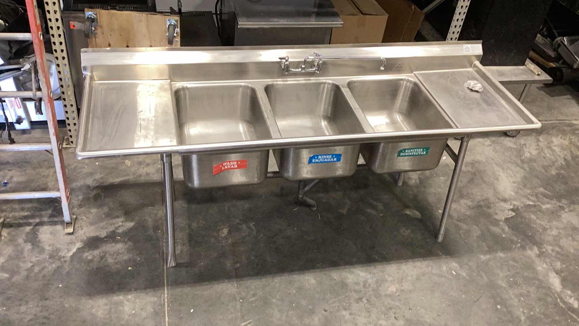 Photo 1 of STAINLESS STEEL LARGE THREE SINK WASHING STATION 96" X 32" H 42” 