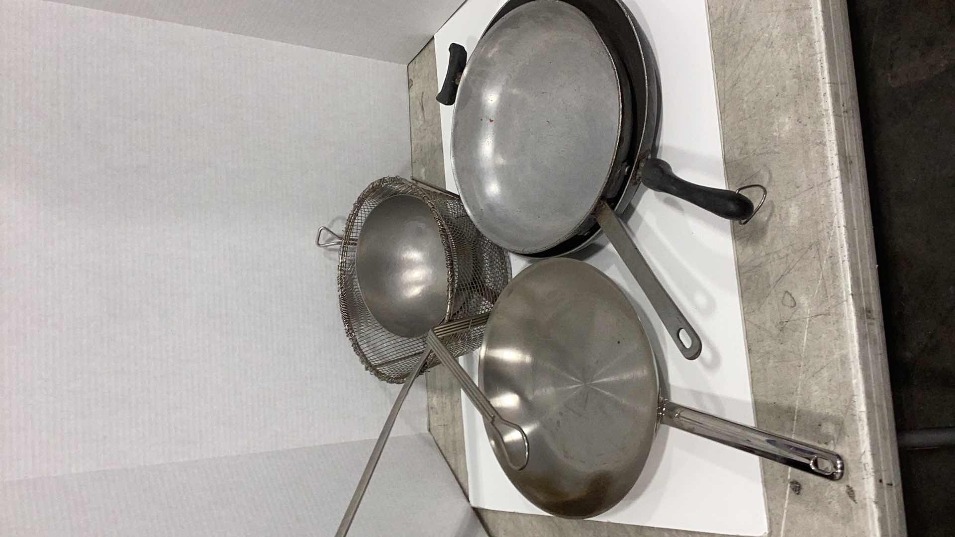Photo 1 of ASSORTED LARGE FRY PANS AND FRY BASKET