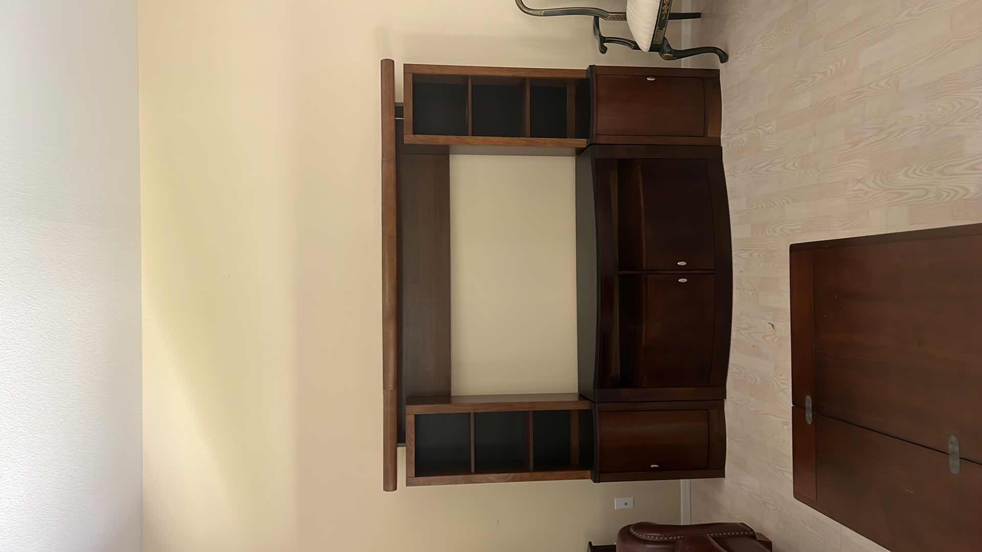 Photo 7 of DARK WALNUT WOOD W BLACK ENTERTAINMENT CENTER WALL UNIT 85” x 13” H70” (4PCS)