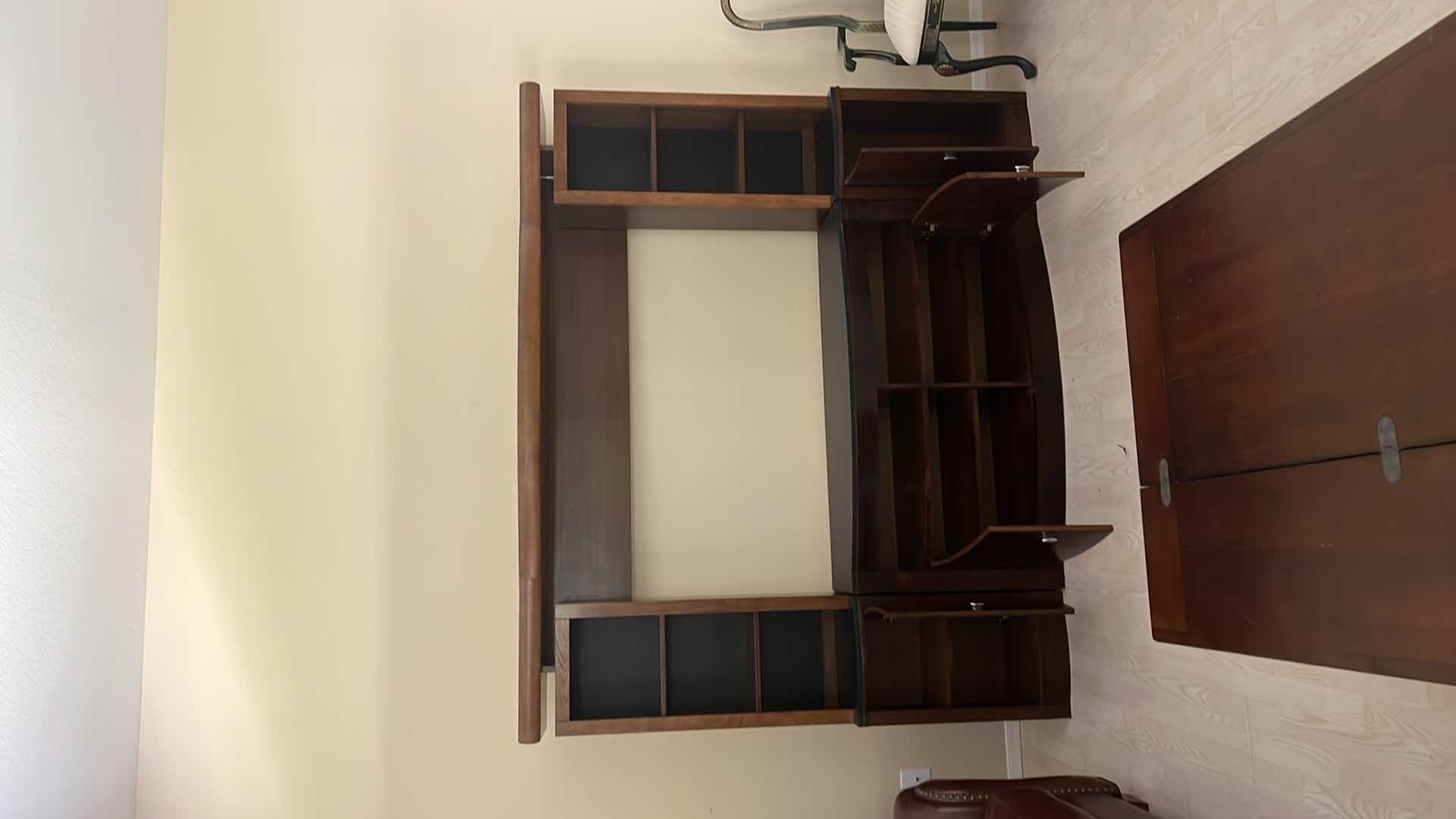 Photo 4 of DARK WALNUT WOOD W BLACK ENTERTAINMENT CENTER WALL UNIT 85” x 13” H70” (4PCS)