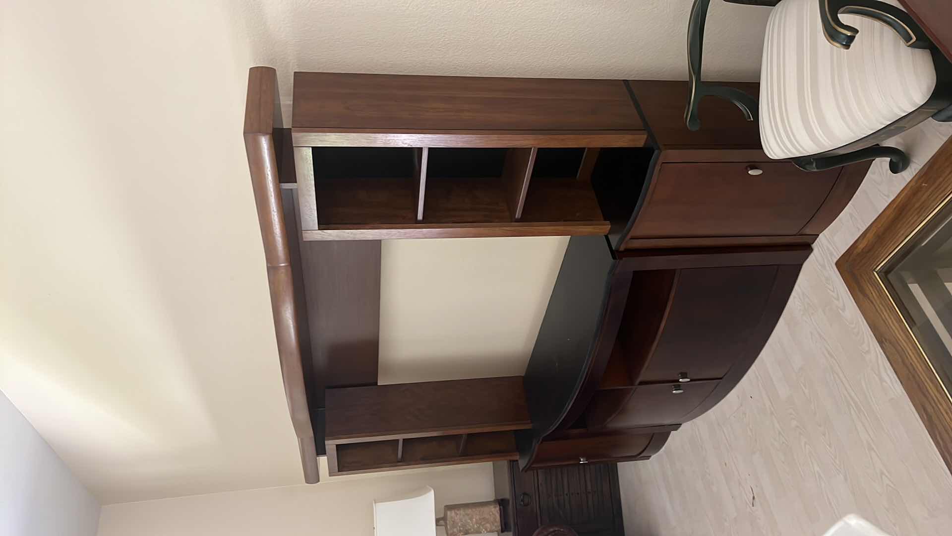 Photo 3 of DARK WALNUT WOOD W BLACK ENTERTAINMENT CENTER WALL UNIT 85” x 13” H70” (4PCS)