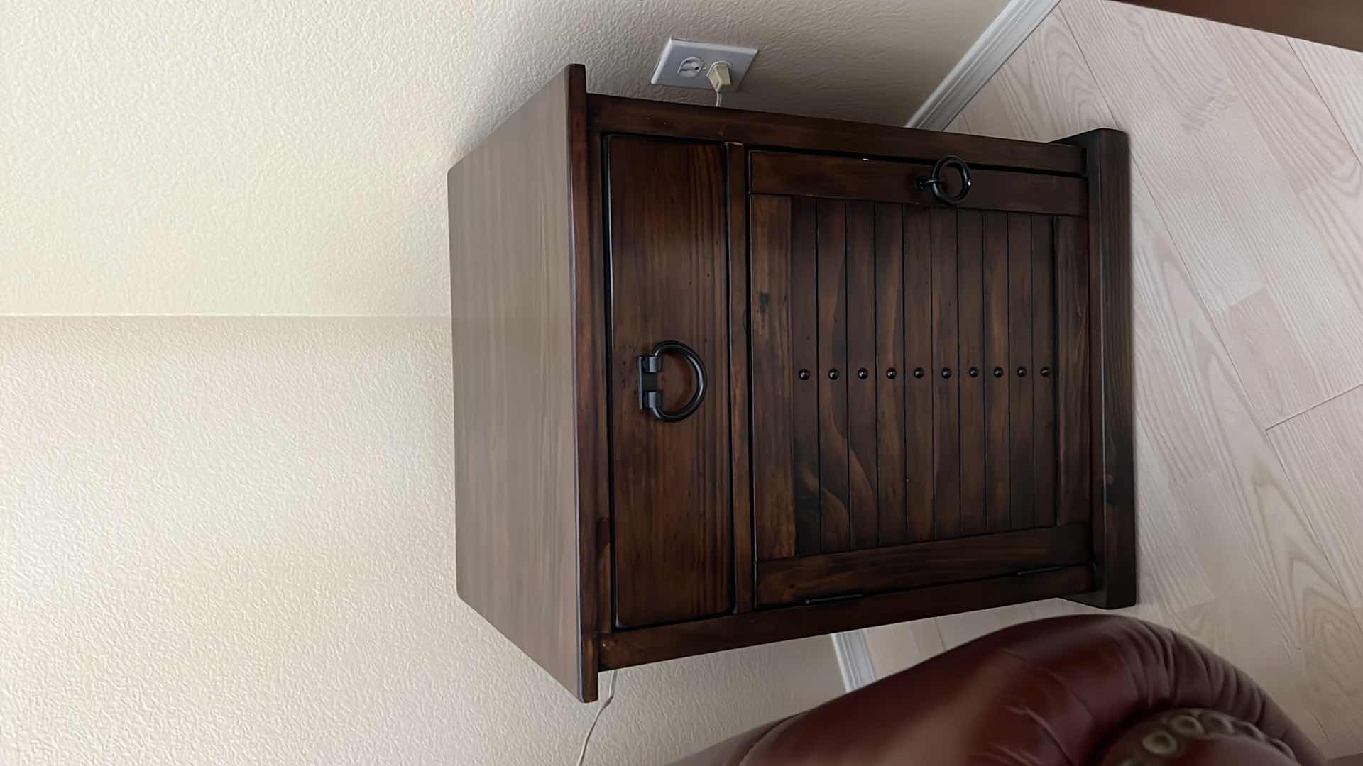 Photo 4 of WALNUT SIDE TABLE W BLACK BRASS TRIM   21” x 18” H27”