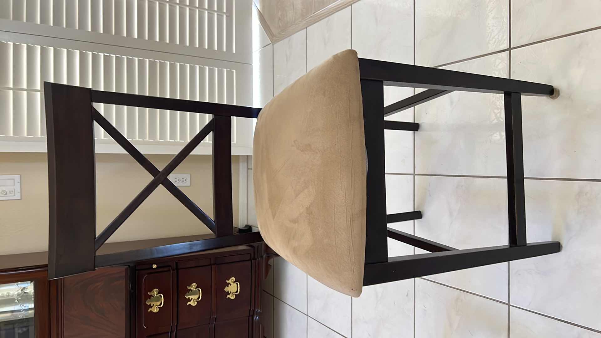 Photo 1 of DARK WOOD HIGH BACK BAR STOOL W BEIGE SUEDE SEAT (SEAT H24”)