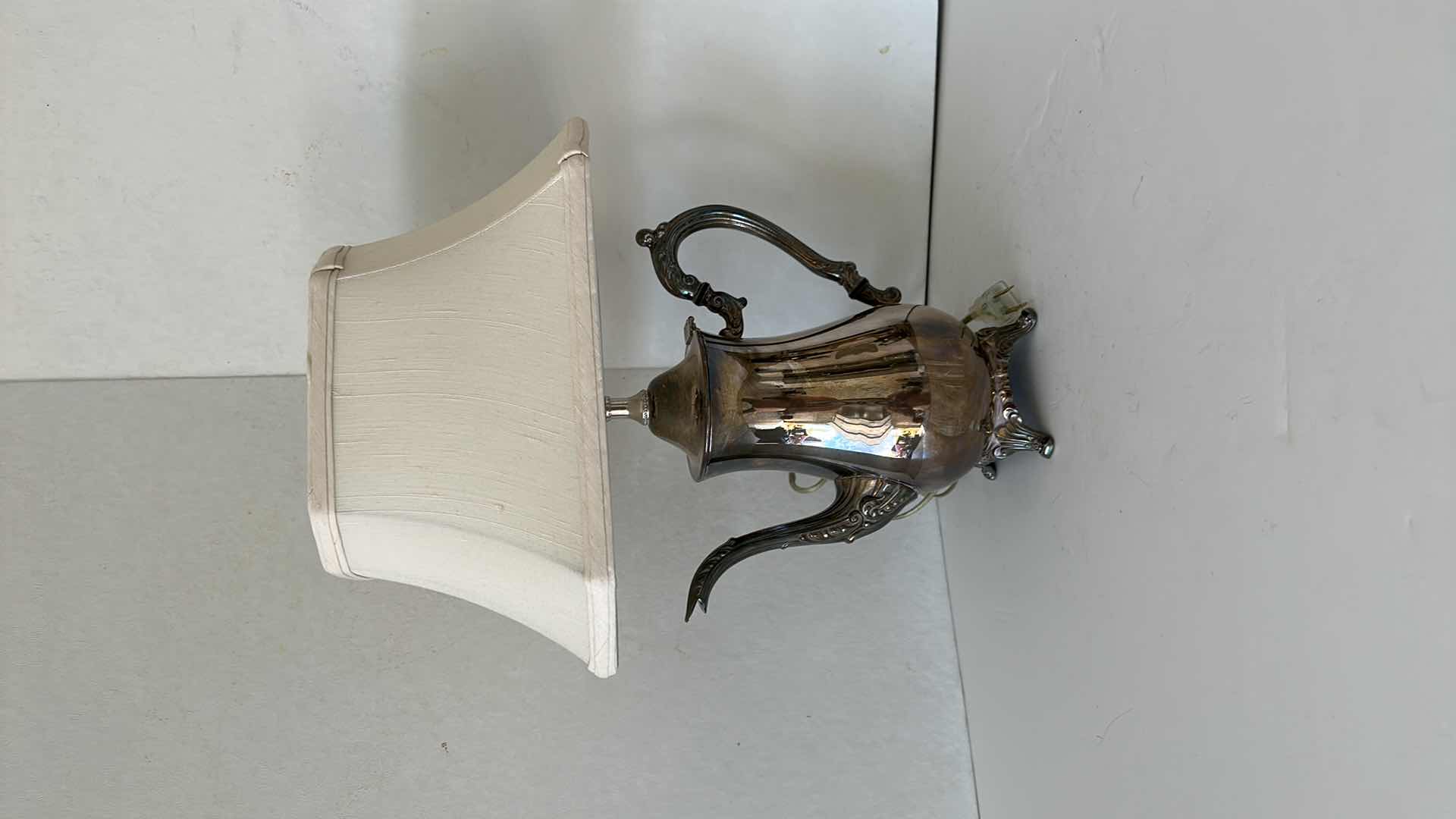 Photo 2 of 2- VINTAGE SILVER TEAPOT BASE TABLE LAMPS W SHADES H27"