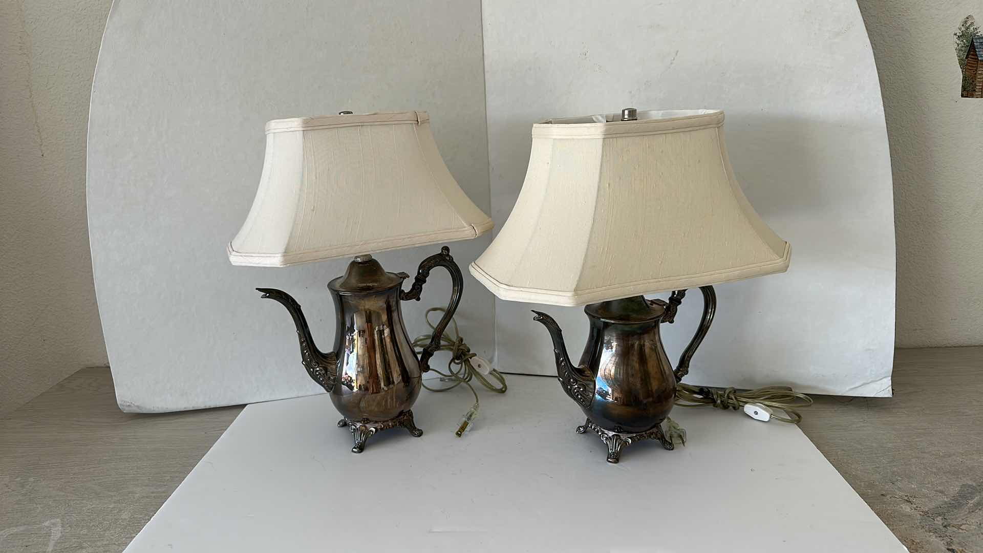 Photo 5 of 2- VINTAGE SILVER TEAPOT BASE TABLE LAMPS W SHADES H27"