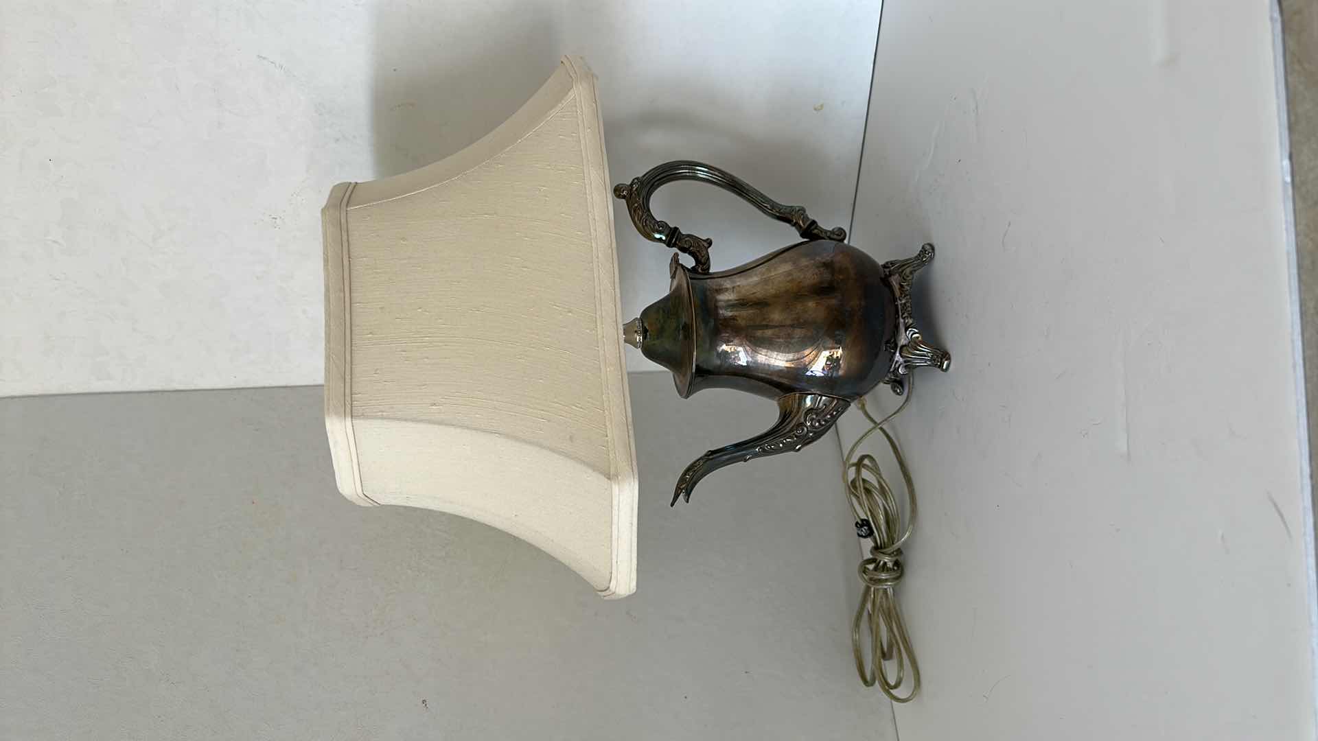 Photo 4 of 2- VINTAGE SILVER TEAPOT BASE TABLE LAMPS W SHADES H27"