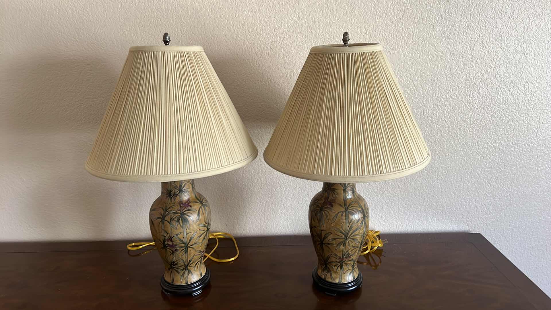 Photo 5 of 2-PORCELAIN BAMBOO W BIRDS TABLE LAMPS W PLEATED SHADES H27”