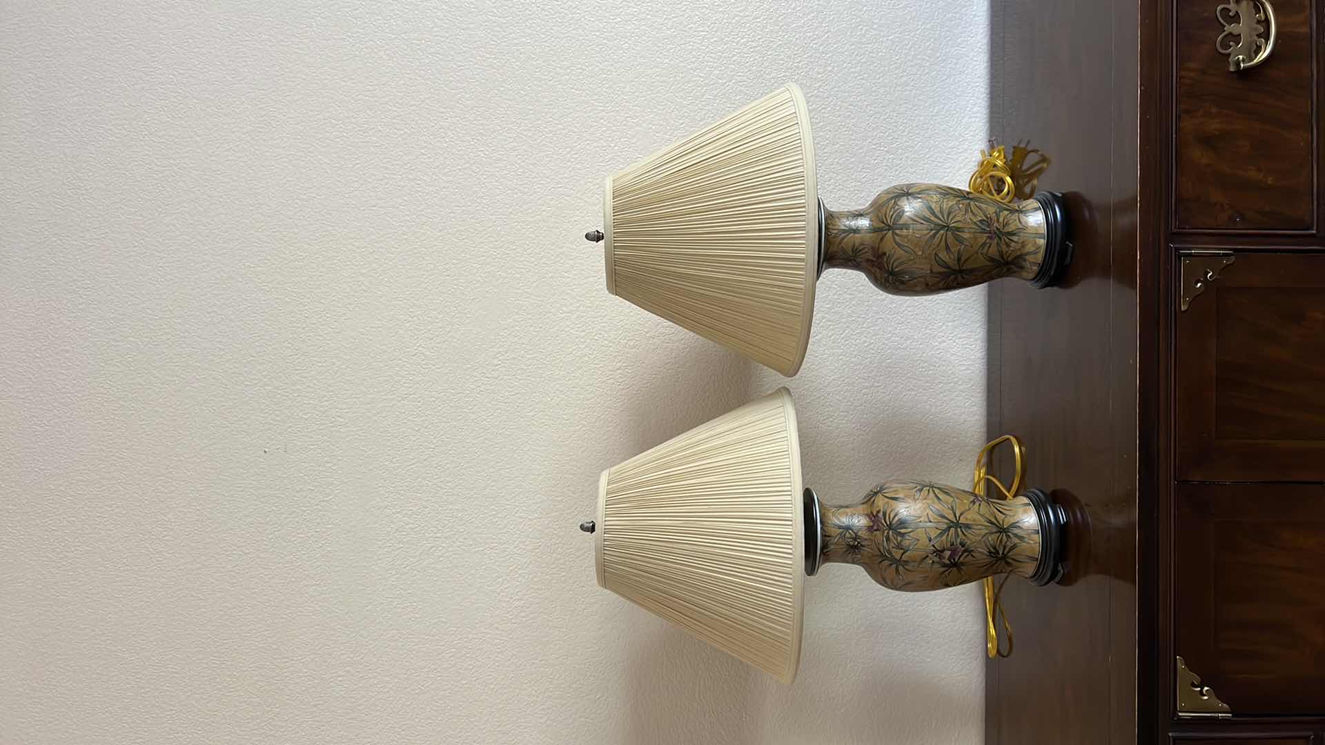 Photo 2 of 2-PORCELAIN BAMBOO W BIRDS TABLE LAMPS W PLEATED SHADES H27”