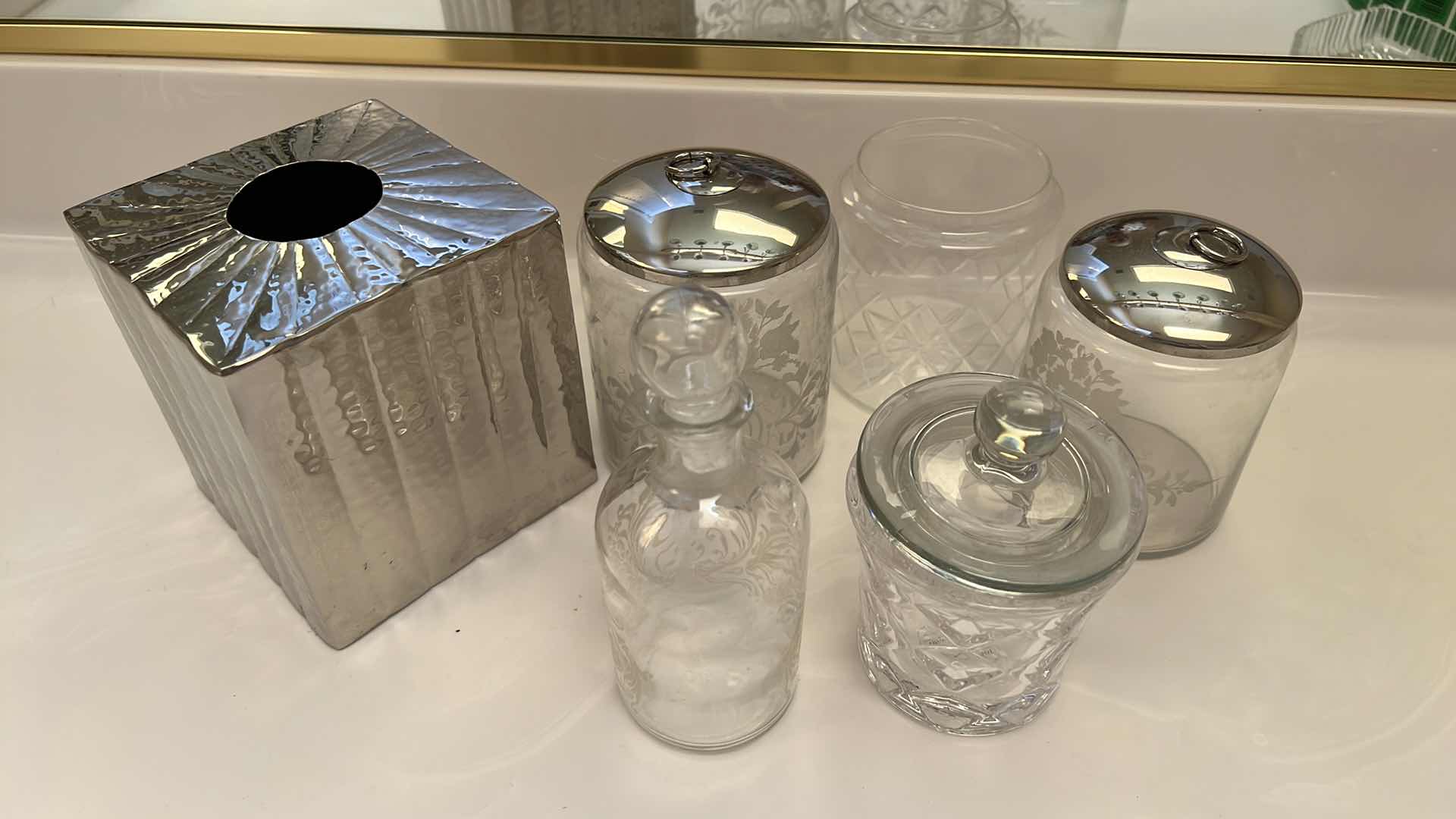 Photo 1 of 5-GLASS STORAGE JARS, SILVER TISSUE HOLDER