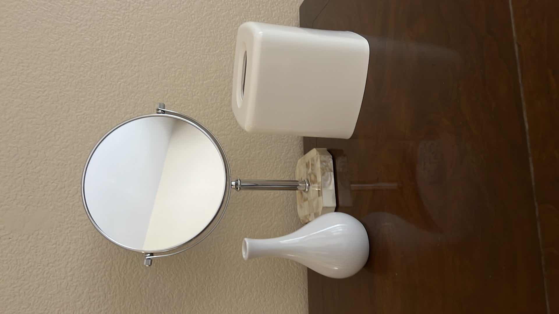 Photo 1 of MAKEUP MIRROR W MARBLE BASE, WHITE VASE & TISSUE HOLDER