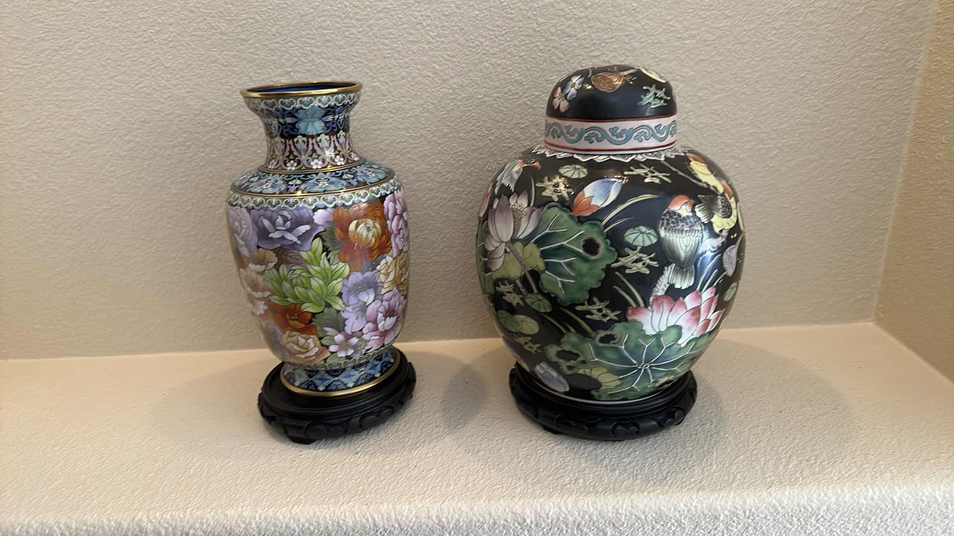 Photo 1 of PORCELAIN GINGER JAR & VASE ON WOOD STANDS