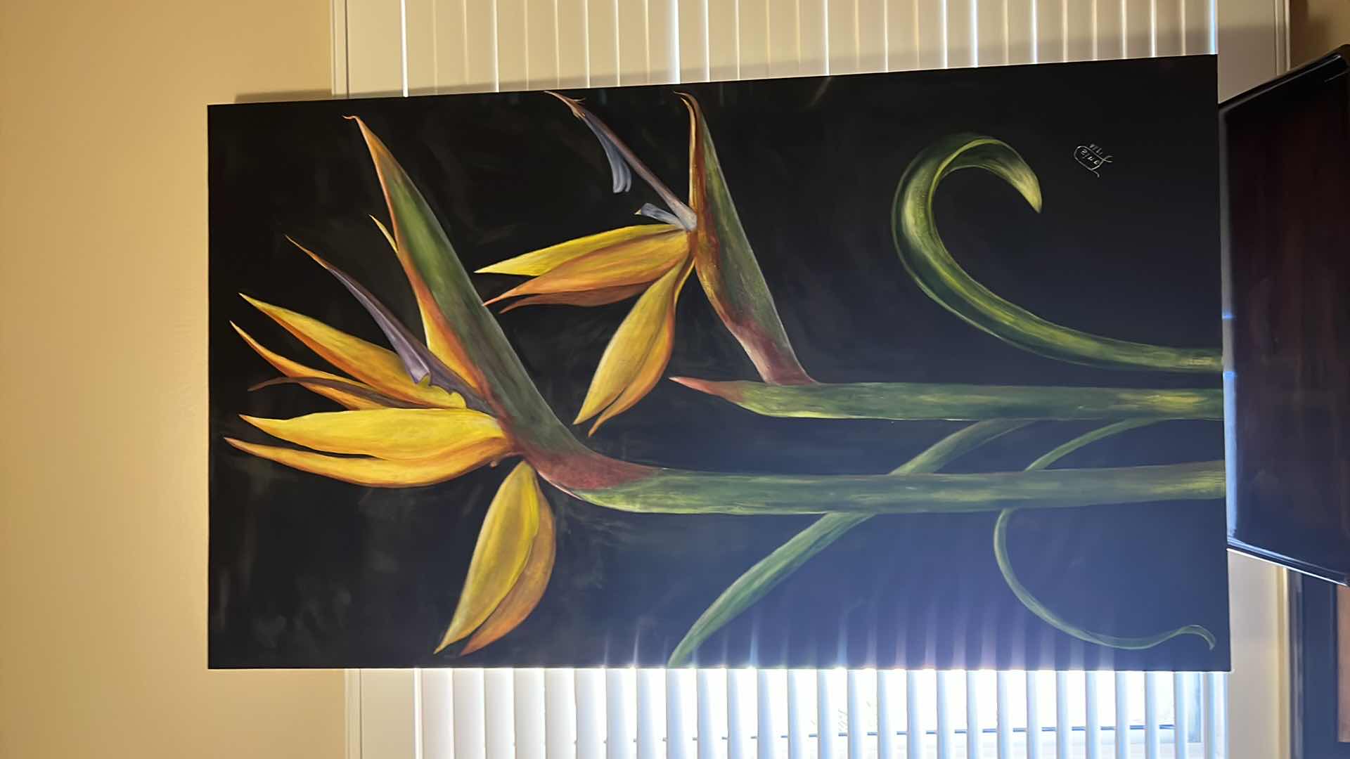 Photo 1 of CANVAS “BLACK BACKGROUND W BIRDS OF PARADISE FLOWERS OIL PAINTING -ARTIST SIGNED 36 x 62”