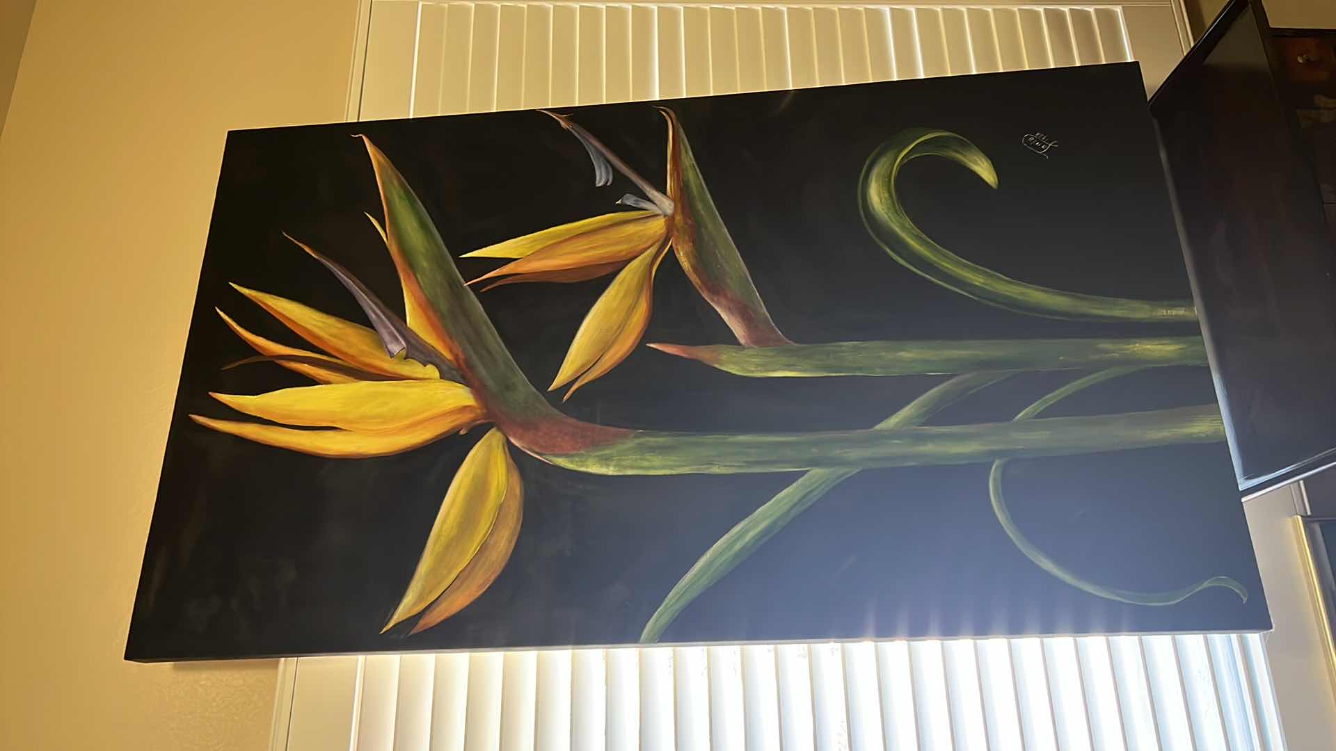 Photo 3 of CANVAS “BLACK BACKGROUND W BIRDS OF PARADISE FLOWERS OIL PAINTING -ARTIST SIGNED 36 x 62”