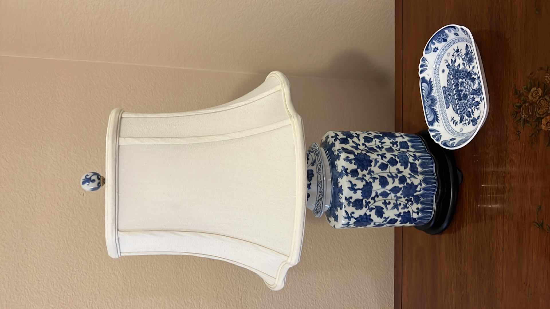 Photo 1 of BLUE AND WHITE PORCELAIN TABLE LAMP W SHADE H25”, JAPANESE PORCELAIN DISH