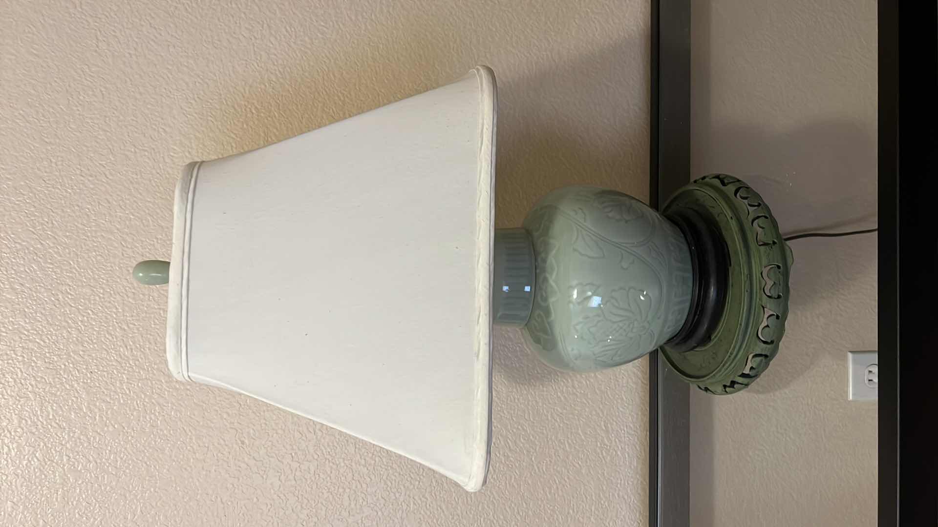 Photo 1 of PORCELAIN JADE GREEN TABLE LAMP W SHADE ON GREEN WOOD BASE H23”