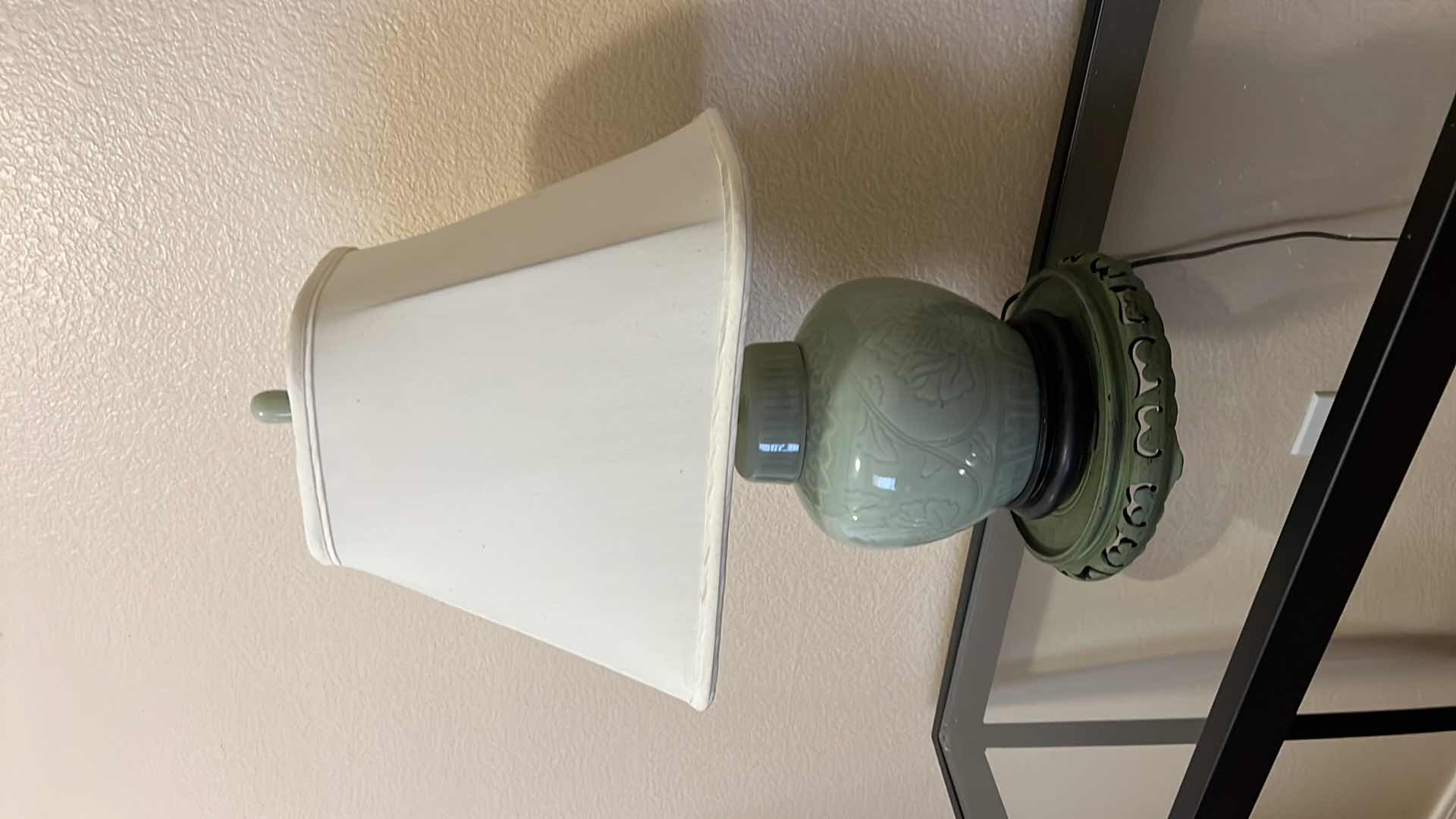 Photo 4 of PORCELAIN JADE GREEN TABLE LAMP W SHADE ON GREEN WOOD BASE H23”