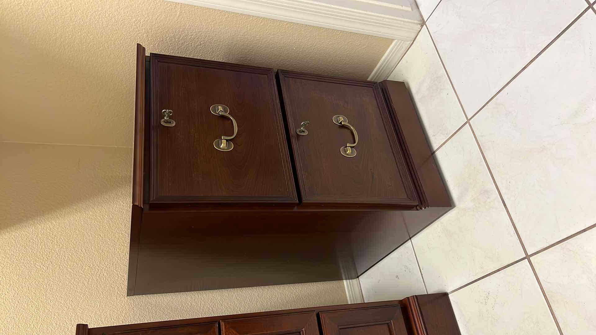 Photo 2 of MAHOGANY 2 DRAWER FILE CABINET ON WHEELS W BRASS TRIM & LOCKING KEYS  16” x 23” H29”