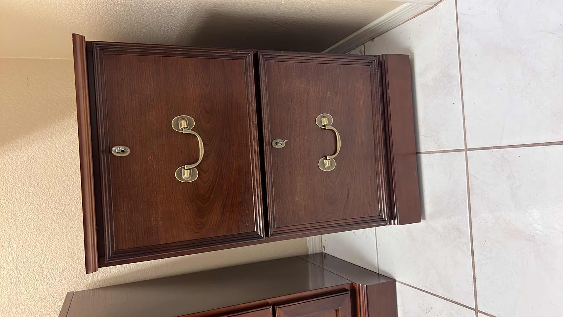 Photo 5 of MAHOGANY 2 DRAWER FILE CABINET ON WHEELS W BRASS TRIM & LOCKING KEYS  16” x 23” H29”