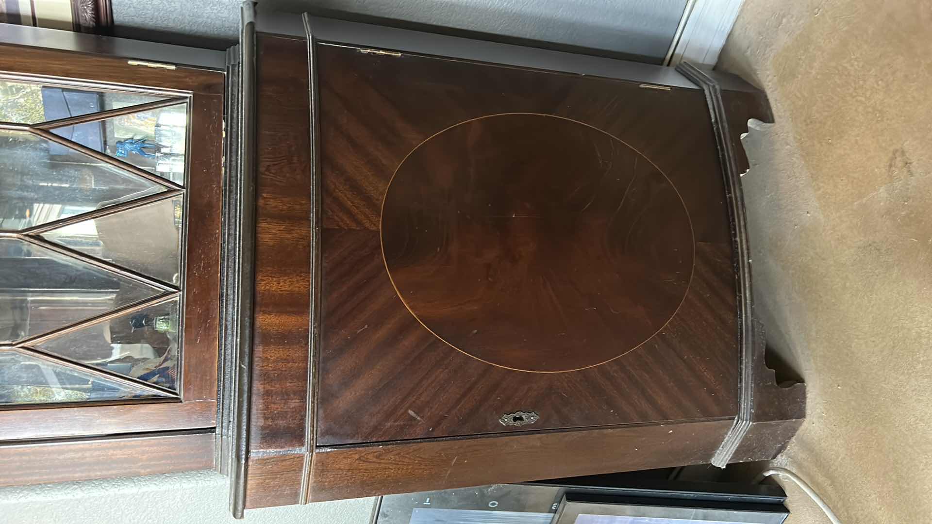 Photo 2 of MAHOGANY WOOD 2 DOOR CORNER CURIO CABINET W GLASS SHELVES  (CONTENTS NOT INCLUDED) 26” x 15 x 70”