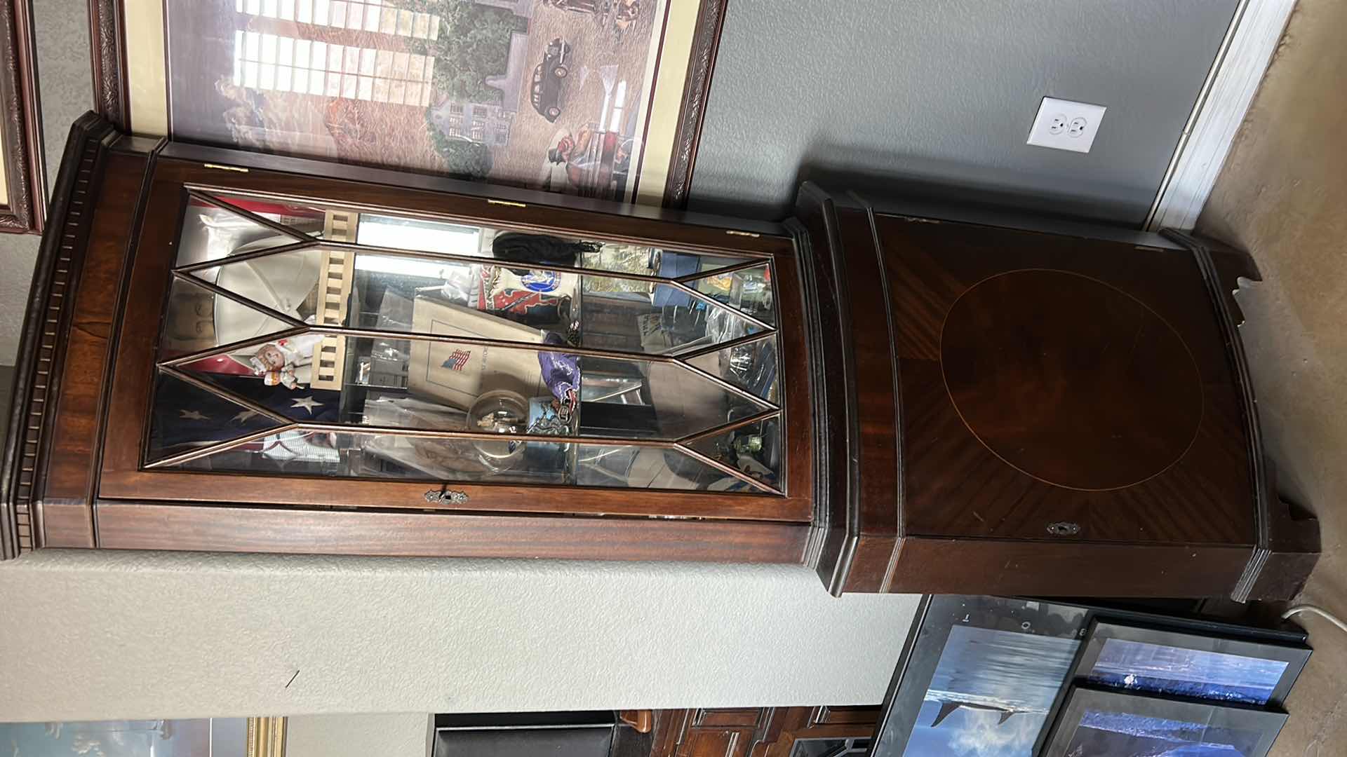 Photo 5 of MAHOGANY WOOD 2 DOOR CORNER CURIO CABINET W GLASS SHELVES  (CONTENTS NOT INCLUDED) 26” x 15 x 70”