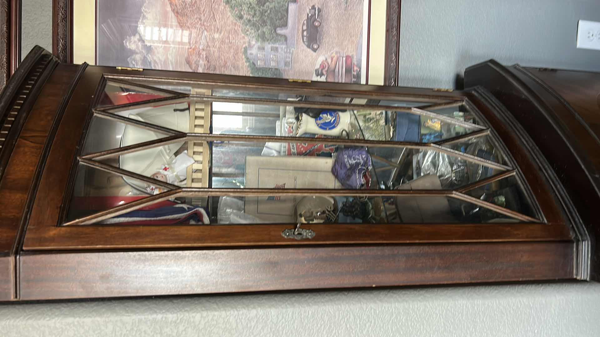 Photo 4 of MAHOGANY WOOD 2 DOOR CORNER CURIO CABINET W GLASS SHELVES  (CONTENTS NOT INCLUDED) 26” x 15 x 70”