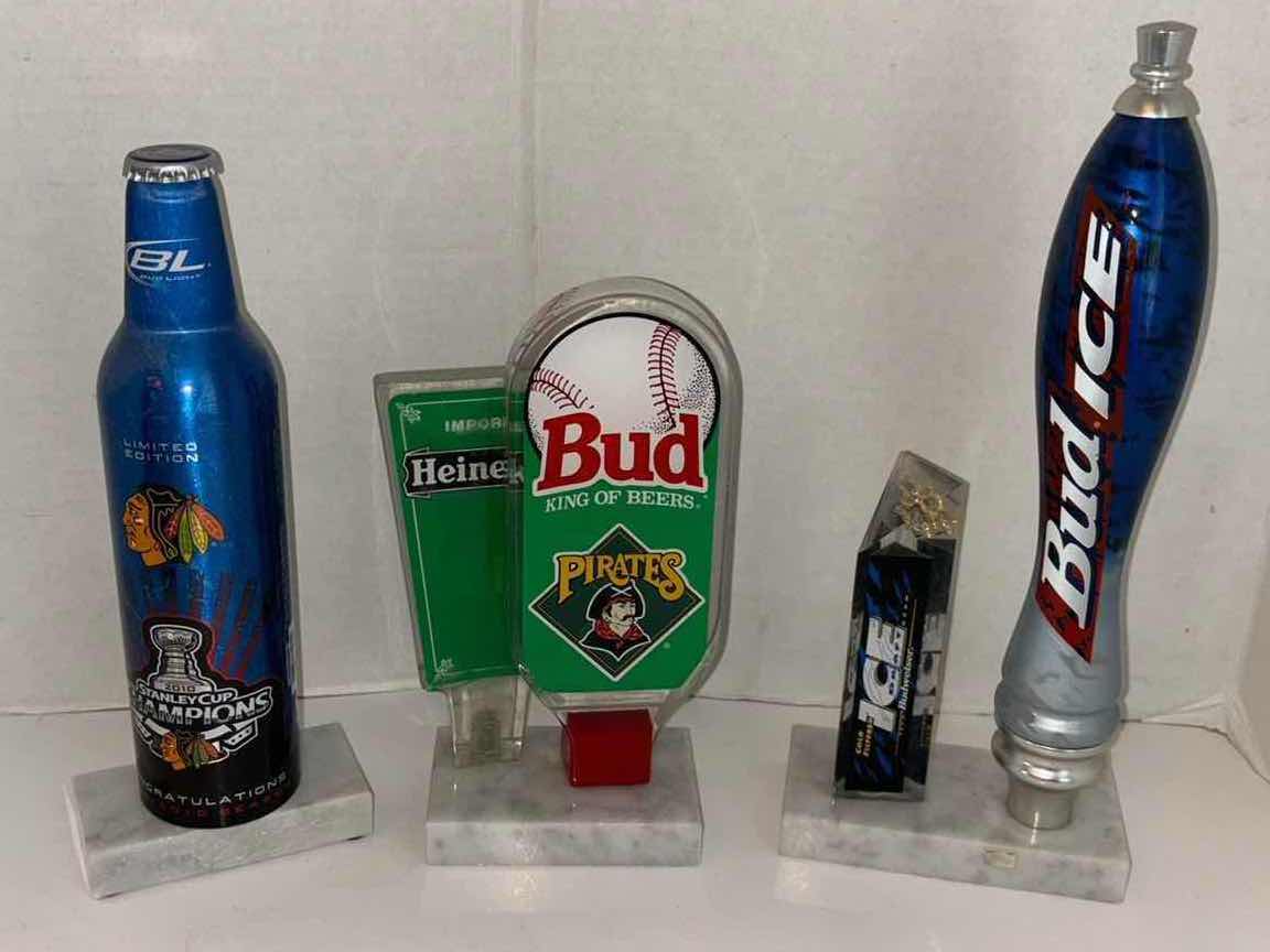 Photo 1 of BUDWEISER & HEINEKEN TAP HANDLES W BID LIGHT 2010 STANLEY CUP CHAMPIONS ALUMINUM BOTTLE