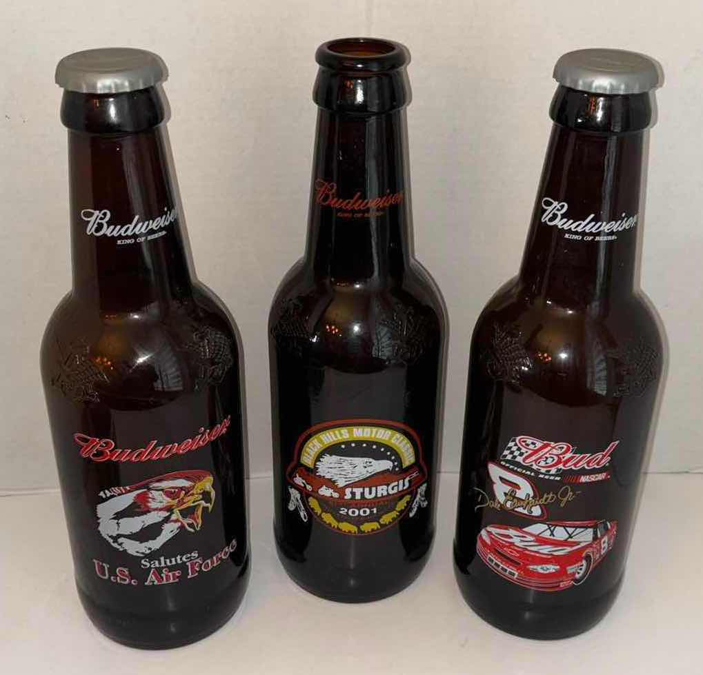 Photo 1 of BUDWEISER 64 OZ KING PITCHER 15” GLASS BEER BOTTLES- US AIR FORCE, DALE EARNHARDT JR & STURGIS (EMPTY)