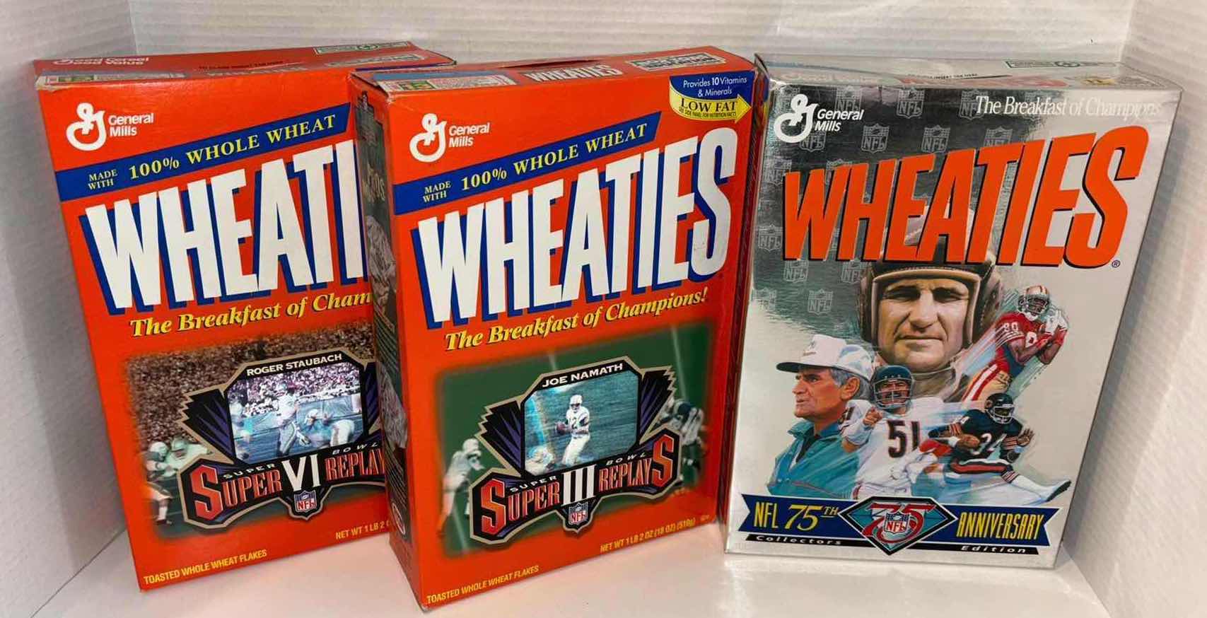 Photo 1 of 3-GENERAL MILLS WHEATIES CEREAL COLLECTORS BOXES, 3D HOLOGRAM SUPER BOWLS & NFL 75TH ANNIVERSARY