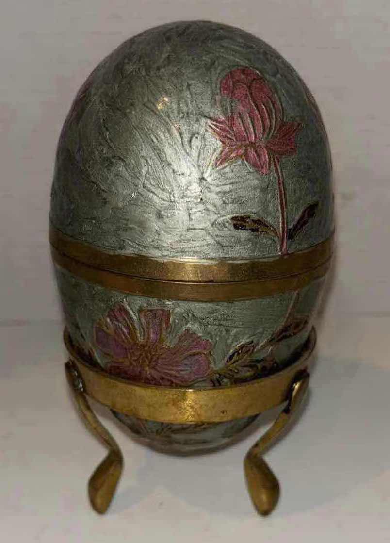 Photo 1 of VINTAGE BRASS HAND-PAINTED 6.5”ENAMELED EGG W STAND, MADE IN INDIA
