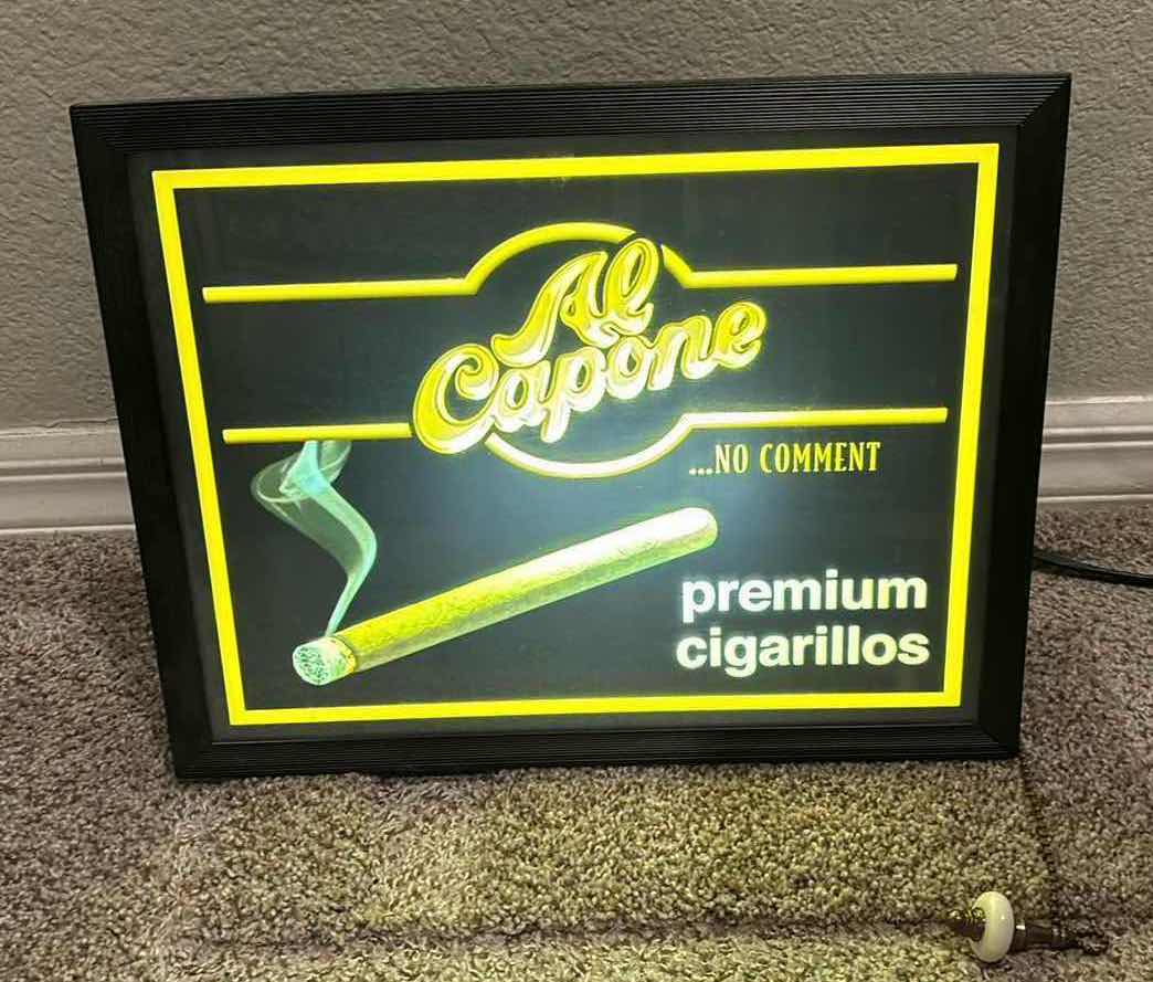 Photo 1 of VINTAGE AL CAPONE PREMIUM CIGARILLOS LAMP WITH PULL SWITCH 5”x 14.5” H11.5”