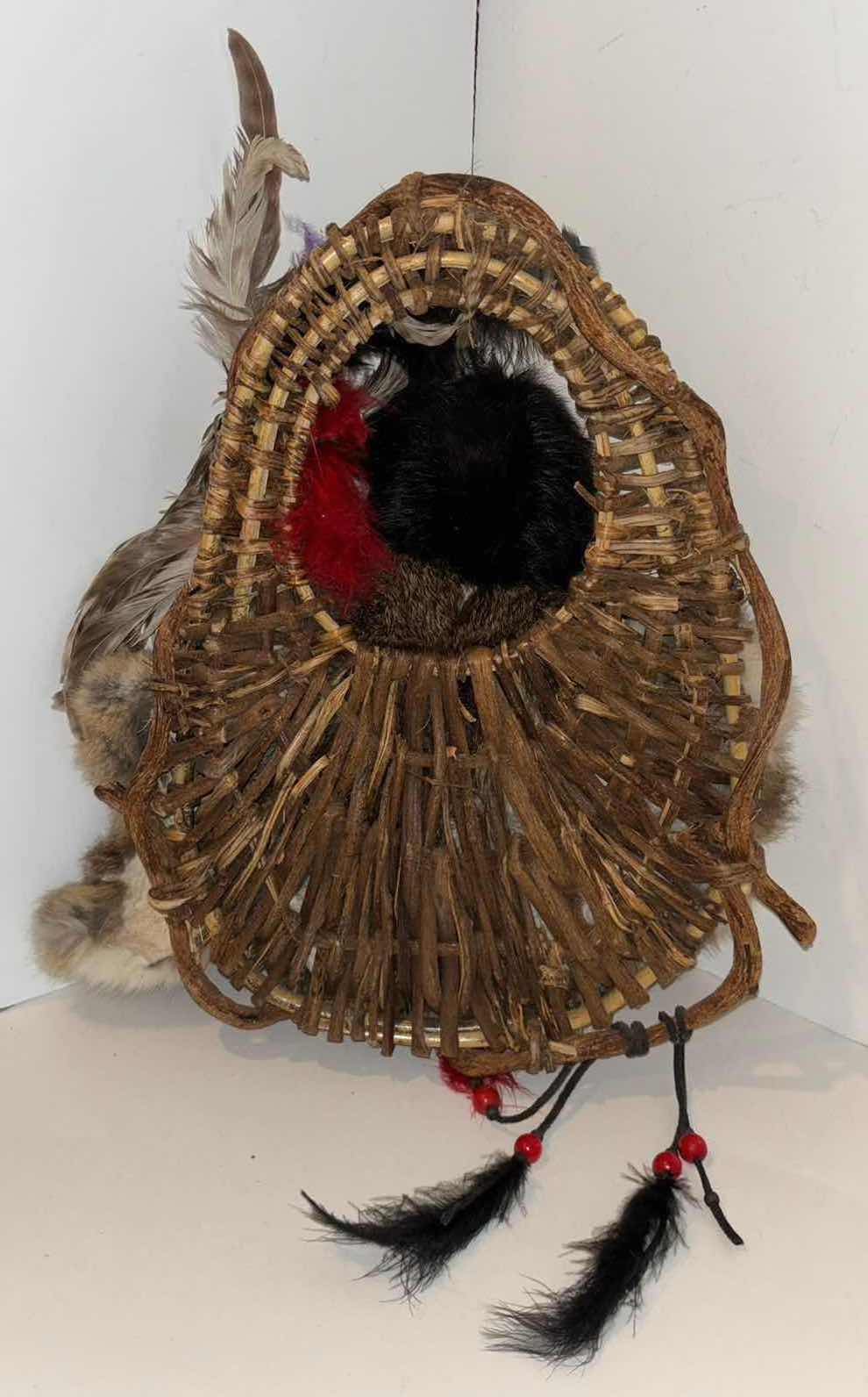 Photo 3 of NATIVE AMERICAN INDIAN DOLL IN WICKER PAPOOSE GENUINE FUR FEATHER WALL HANGING 14” x 17”