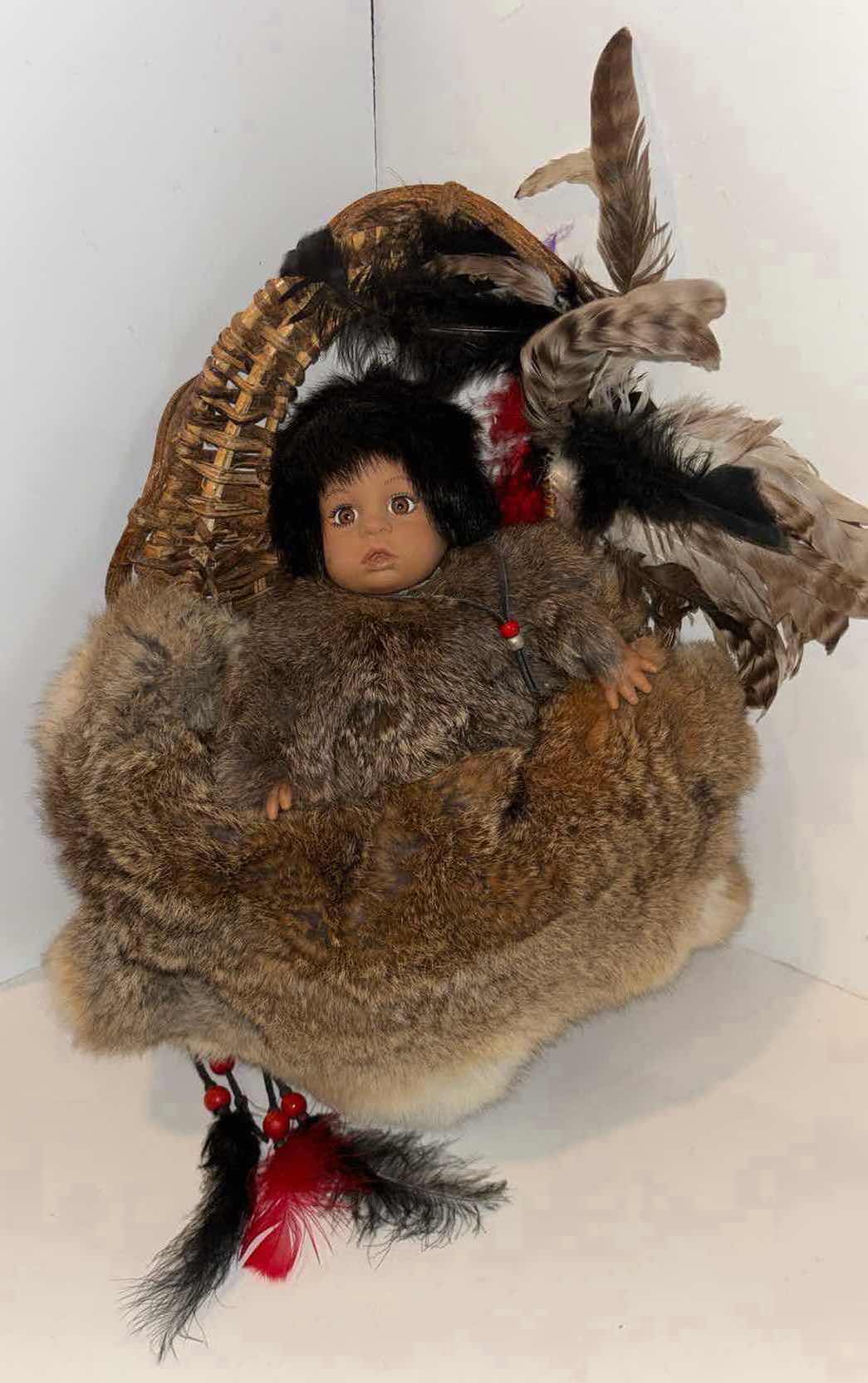 Photo 1 of NATIVE AMERICAN INDIAN DOLL IN WICKER PAPOOSE GENUINE FUR FEATHER WALL HANGING 14” x 17”