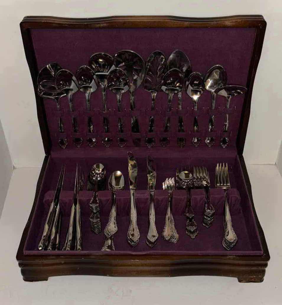 Photo 1 of STAINLESS STEEL FLATWARE SET IN WOODEN BOX, KOREA