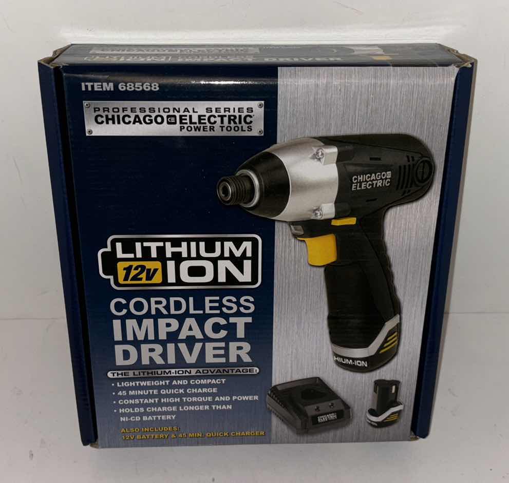 Photo 1 of NIB CHICAGO ELECTRIC 12V LITHIUM ION CORDLESS IMPACT DRIVER W 12V BATTERY & 45 MIN QUICK CHARGER