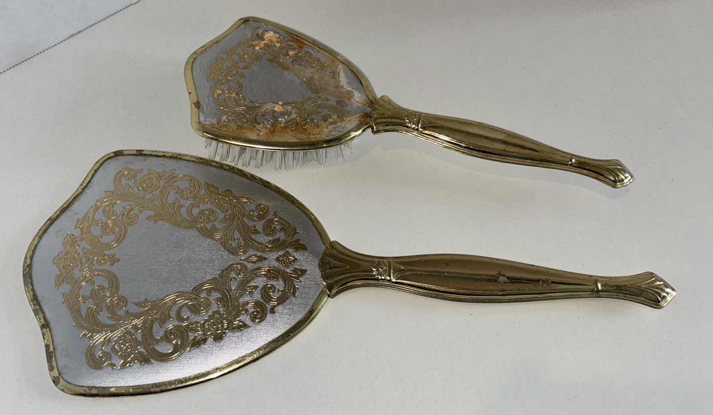 Photo 1 of VINTAGE HANDHELD MIRROR & BRUSH VANITY SET, GOLD TONE METAL FLORAL DESIGN (MIRROR 13.5”L)