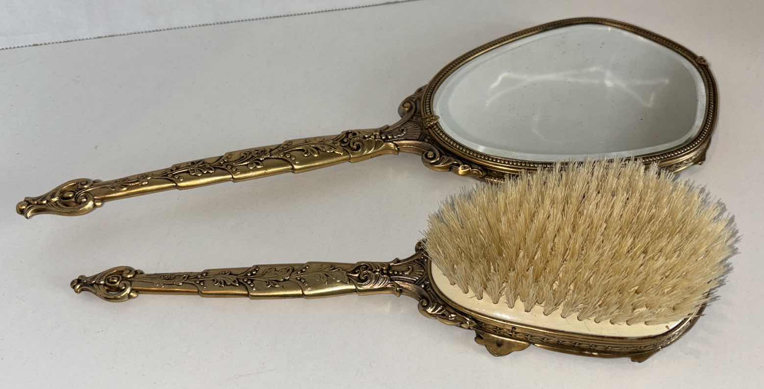 Photo 2 of VINTAGE HANDHELD MIRROR & BRUSH SET, GOLD W FLORAL ACCENTS (MIRROR IS 14”L)